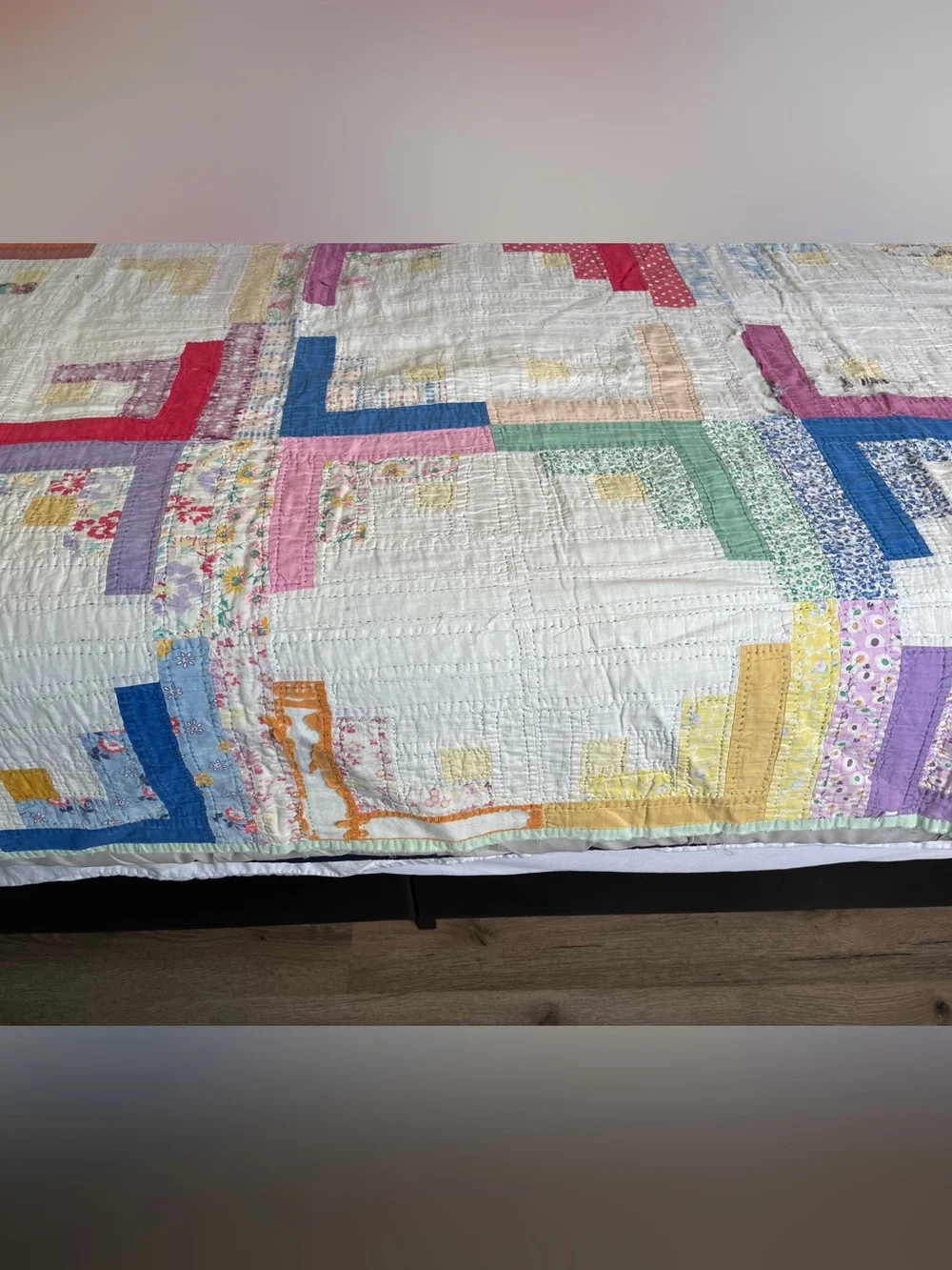 Vintage 1930s 40s Feedsack Log Cabin Quilt Hand Quilted Cutter Folk Art